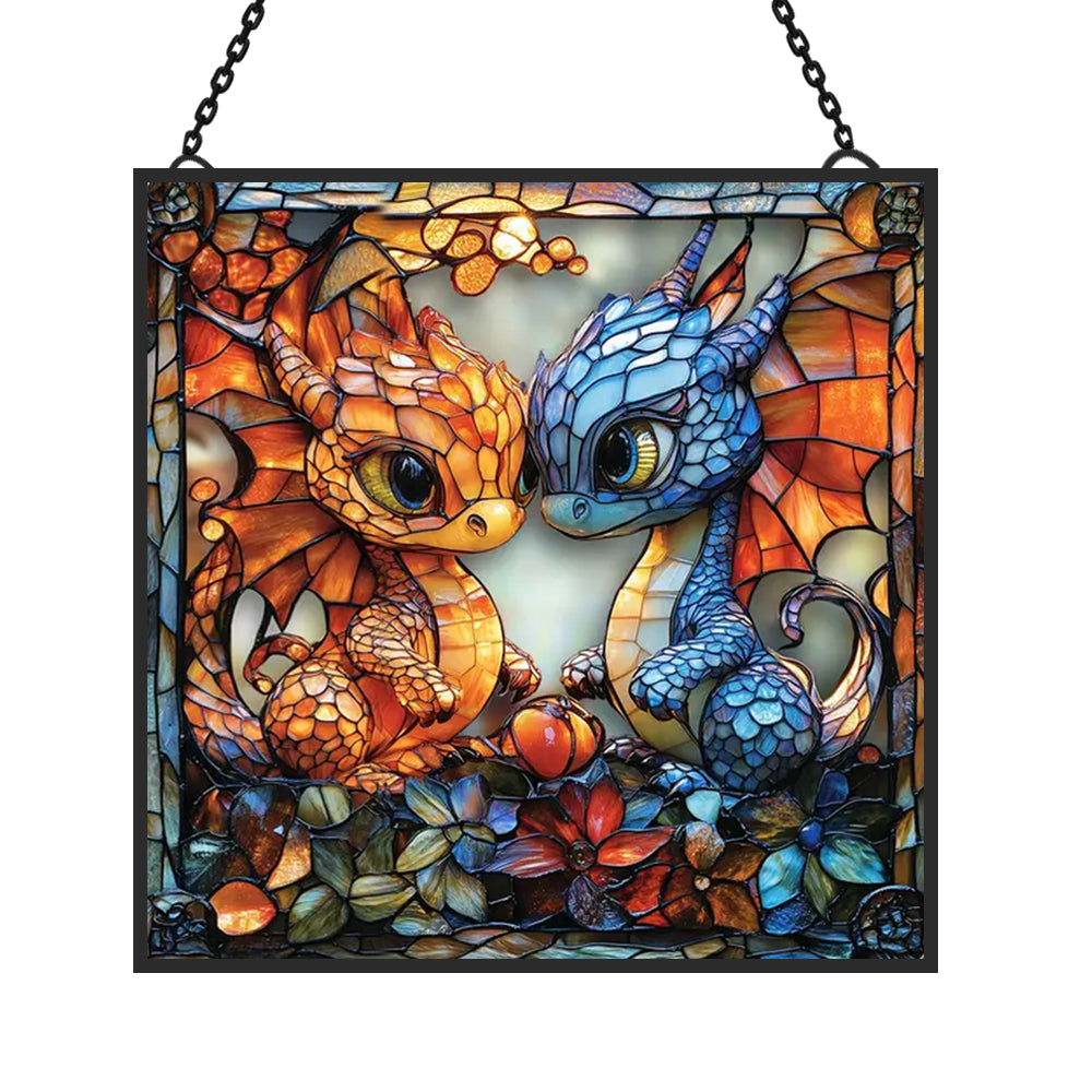Ice and Fire Dragon Sun Catcher Decoration Stained Glass Window Hanging