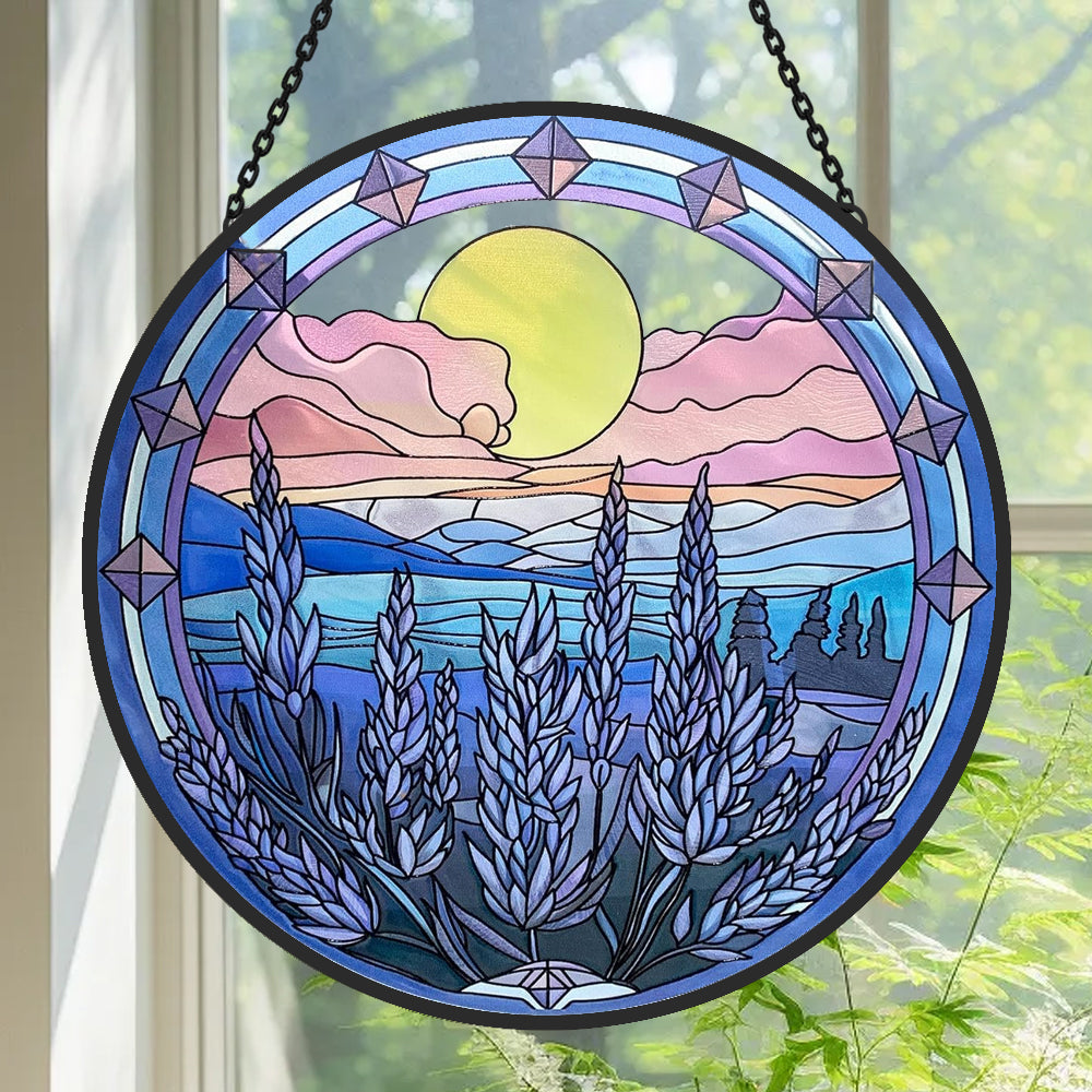 Lavender with Mountain Sun Catcher Decoration Stained Glass Window Hanging