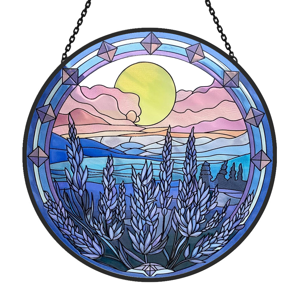 Lavender with Mountain Sun Catcher Decoration Stained Glass Window Hanging