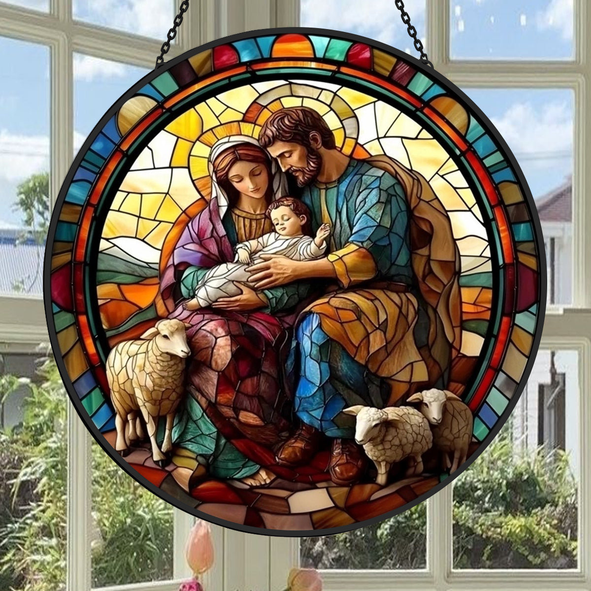 Nativity Scene Sun Catcher Decoration Stained Glass Window Hanging