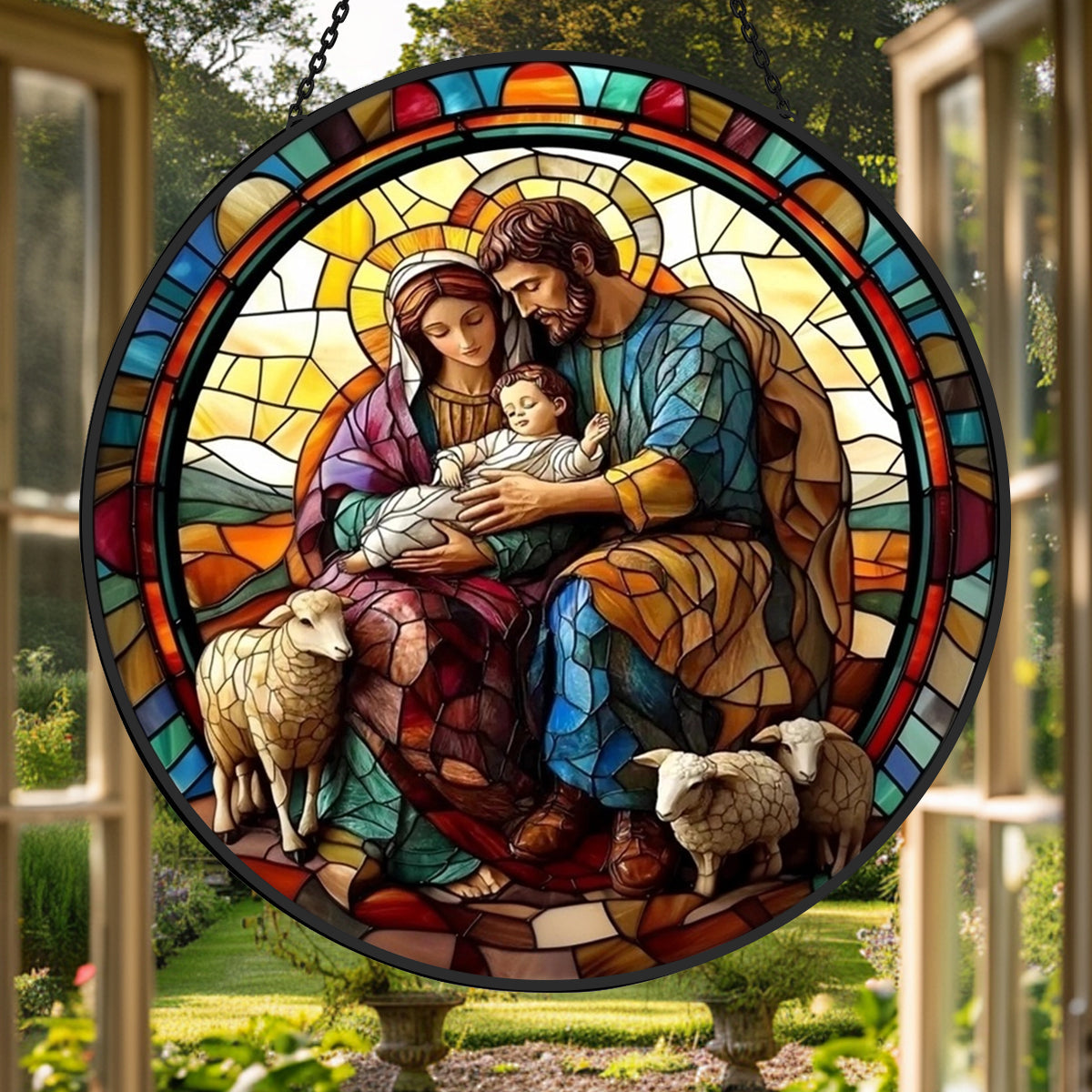 Nativity Scene Sun Catcher Decoration Stained Glass Window Hanging
