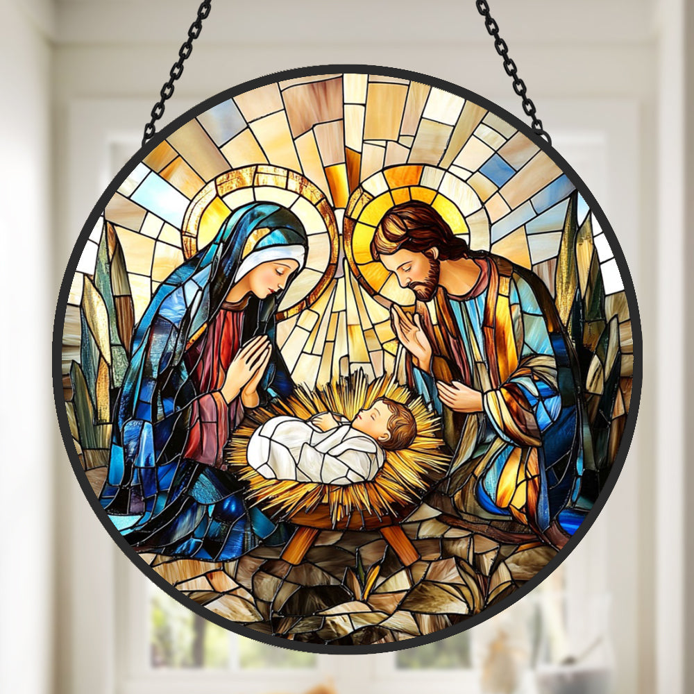 Nativity Scene Sun Catcher Decoration Stained Glass Window Hanging
