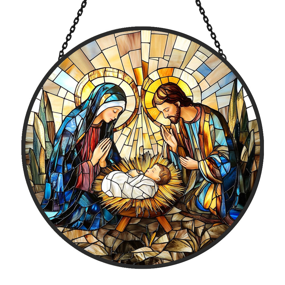 Nativity Scene Sun Catcher Decoration Stained Glass Window Hanging