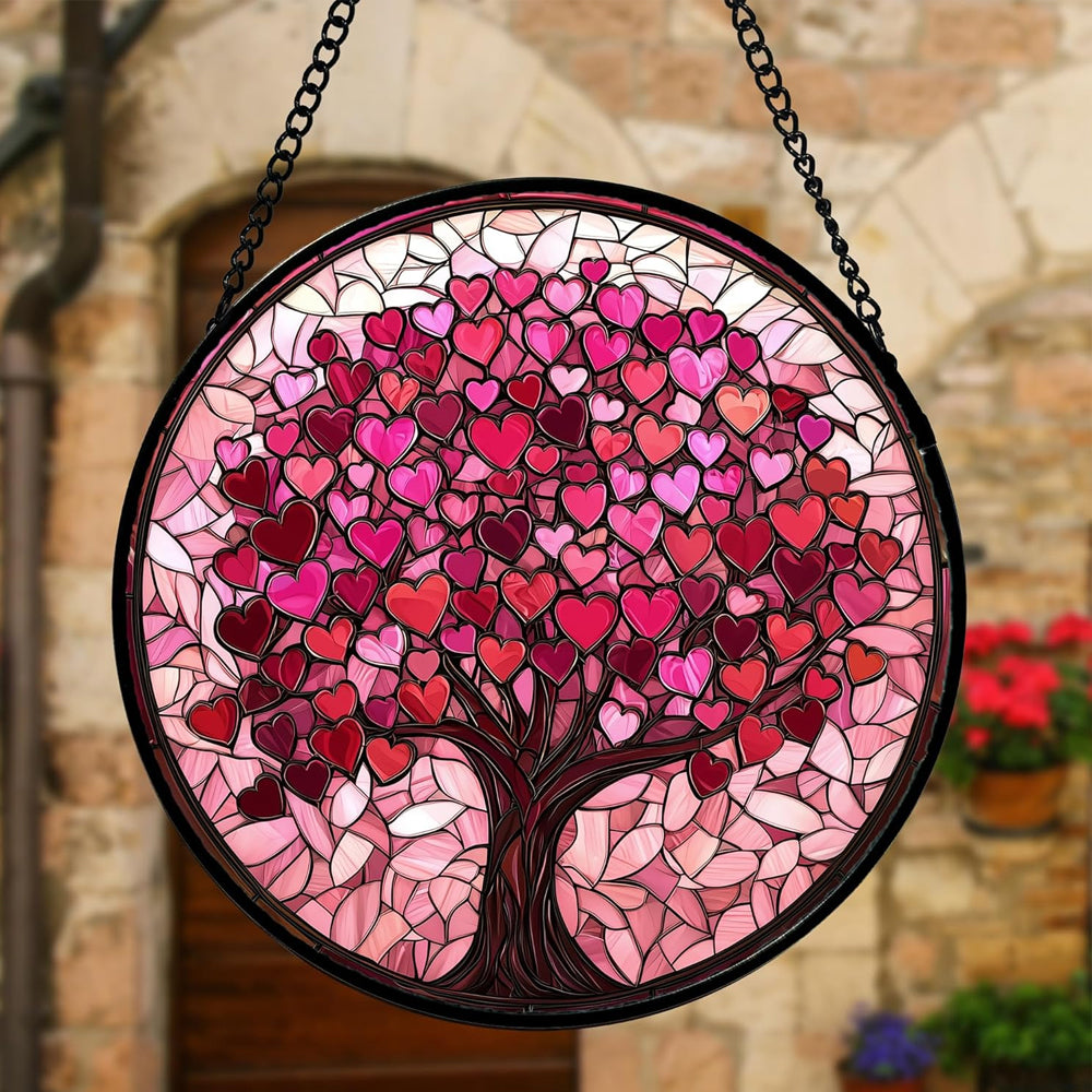 Pink Love Tree of Life Sun Catcher Decoration Stained Glass Window Hanging