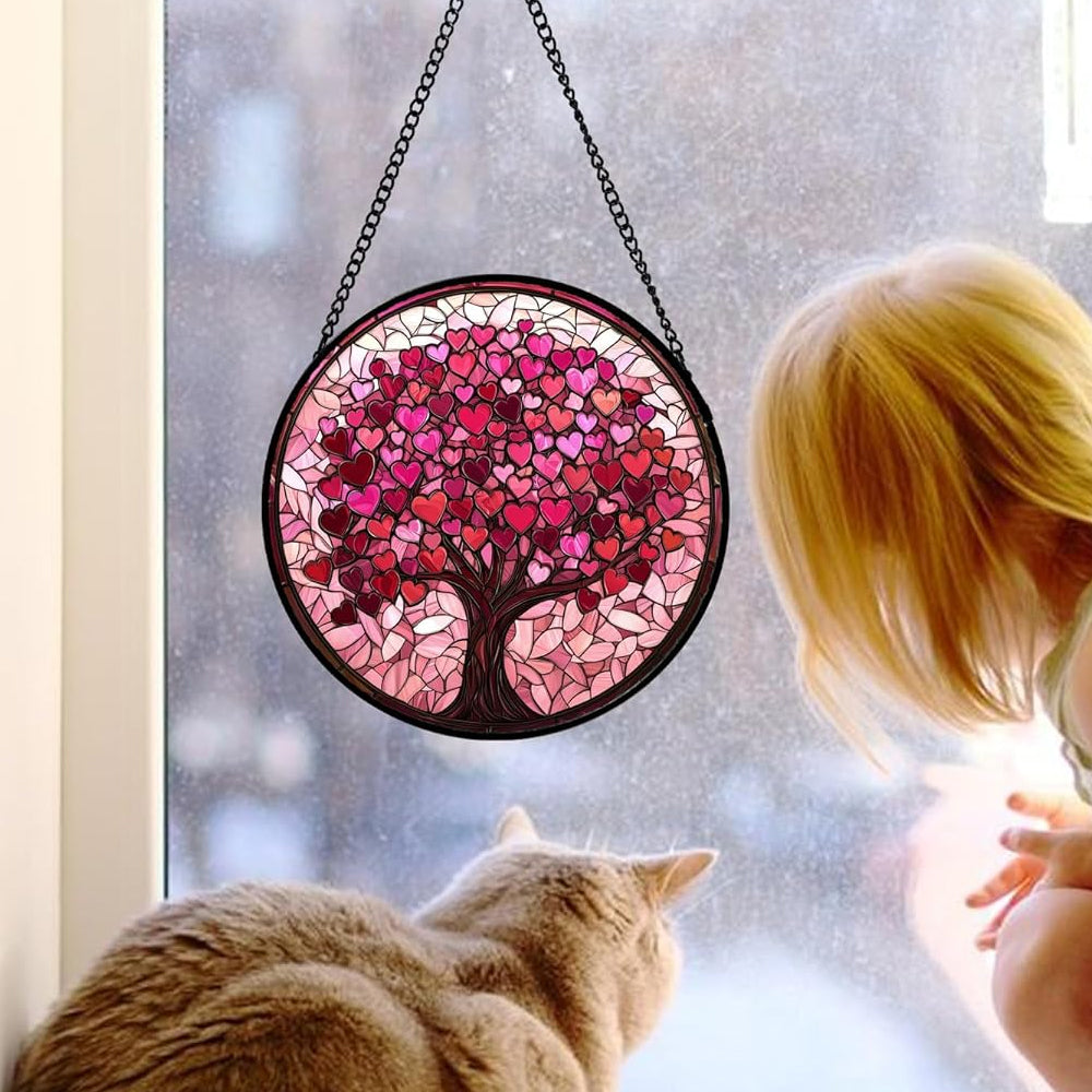 Pink Love Tree of Life Sun Catcher Decoration Stained Glass Window Hanging