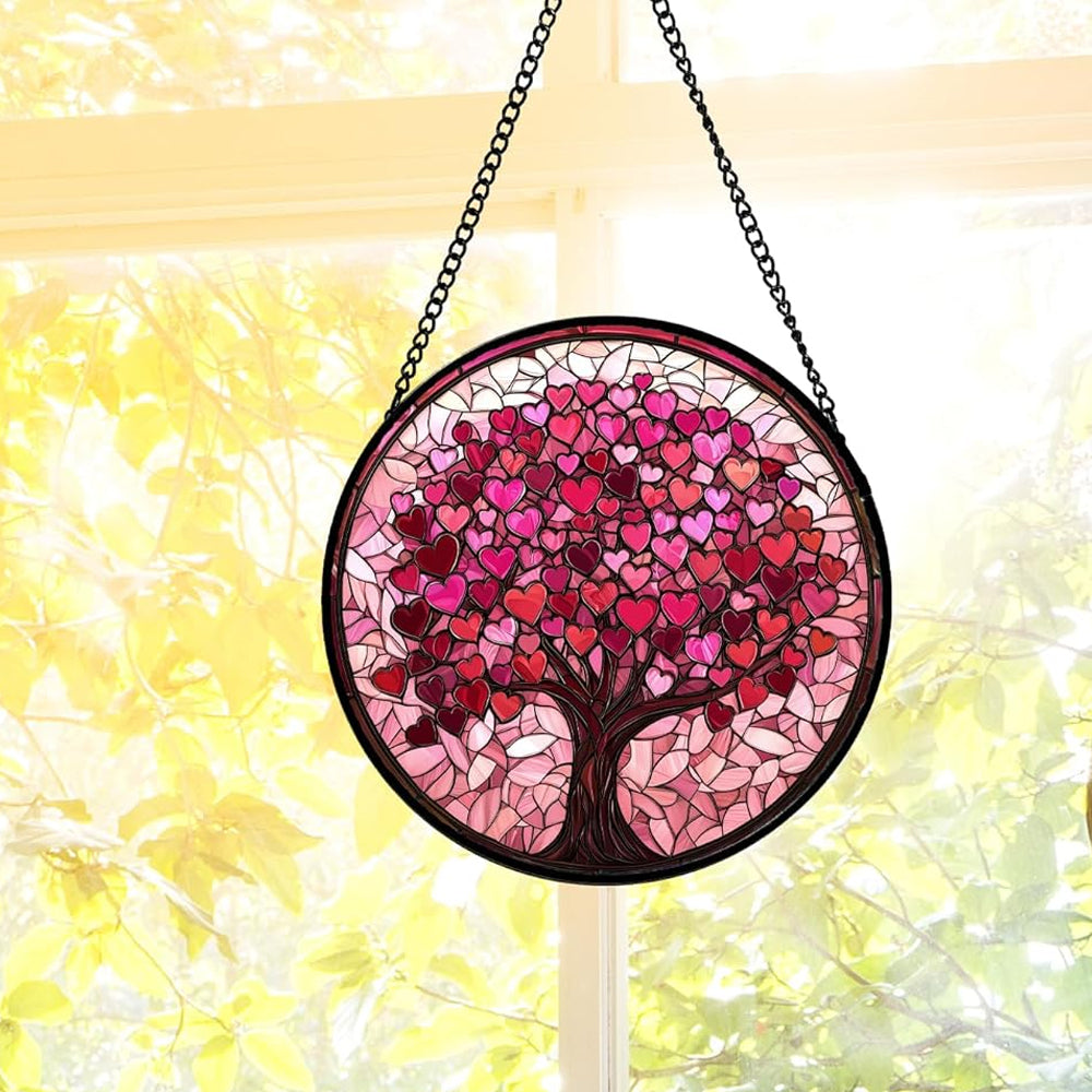 Pink Love Tree of Life Sun Catcher Decoration Stained Glass Window Hanging