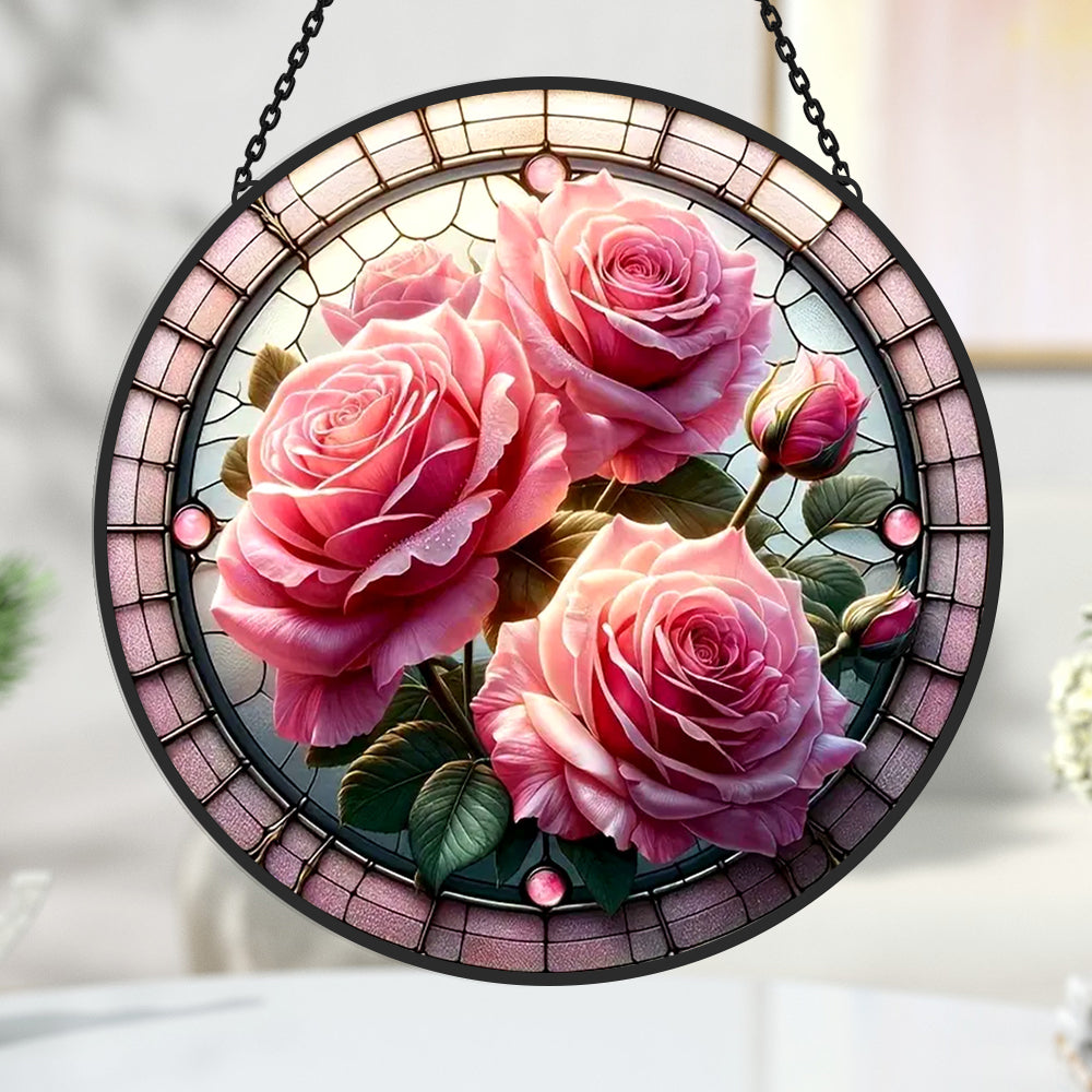 Pink Roses Sun Catcher Decoration Stained Glass Window Hanging