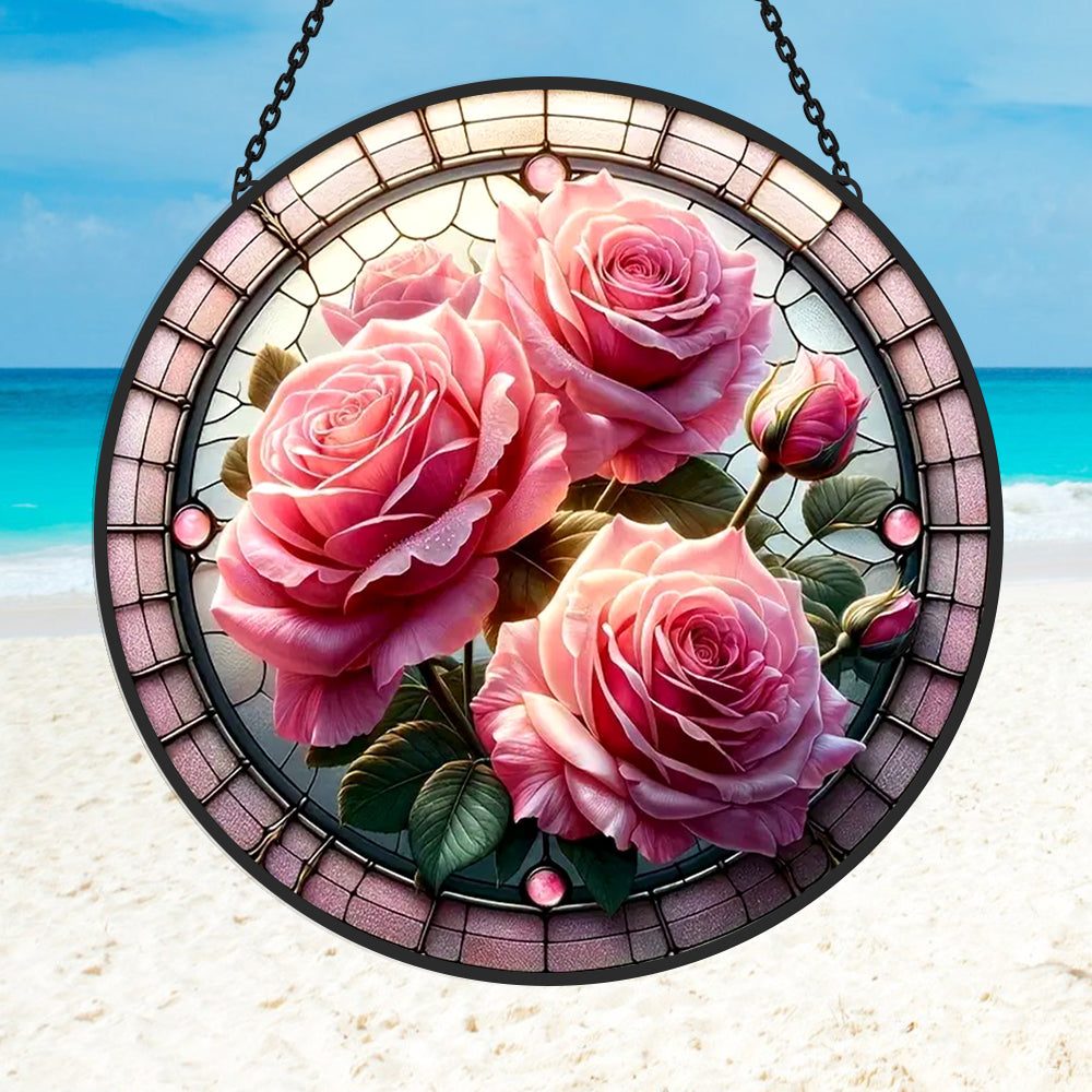 Pink Roses Sun Catcher Decoration Stained Glass Window Hanging