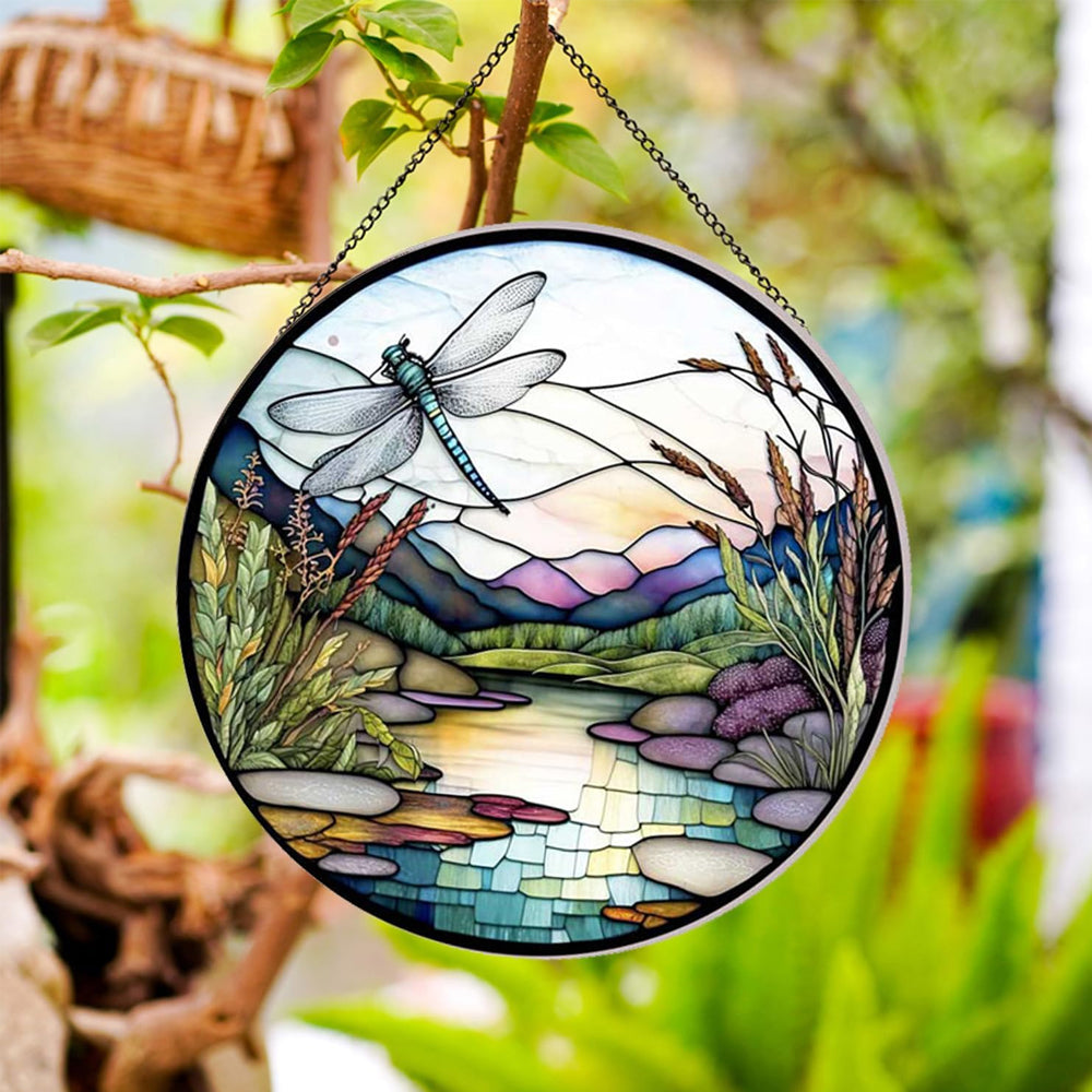 River and Dragonfly Sun Catcher Decoration Stained Glass Window Hanging