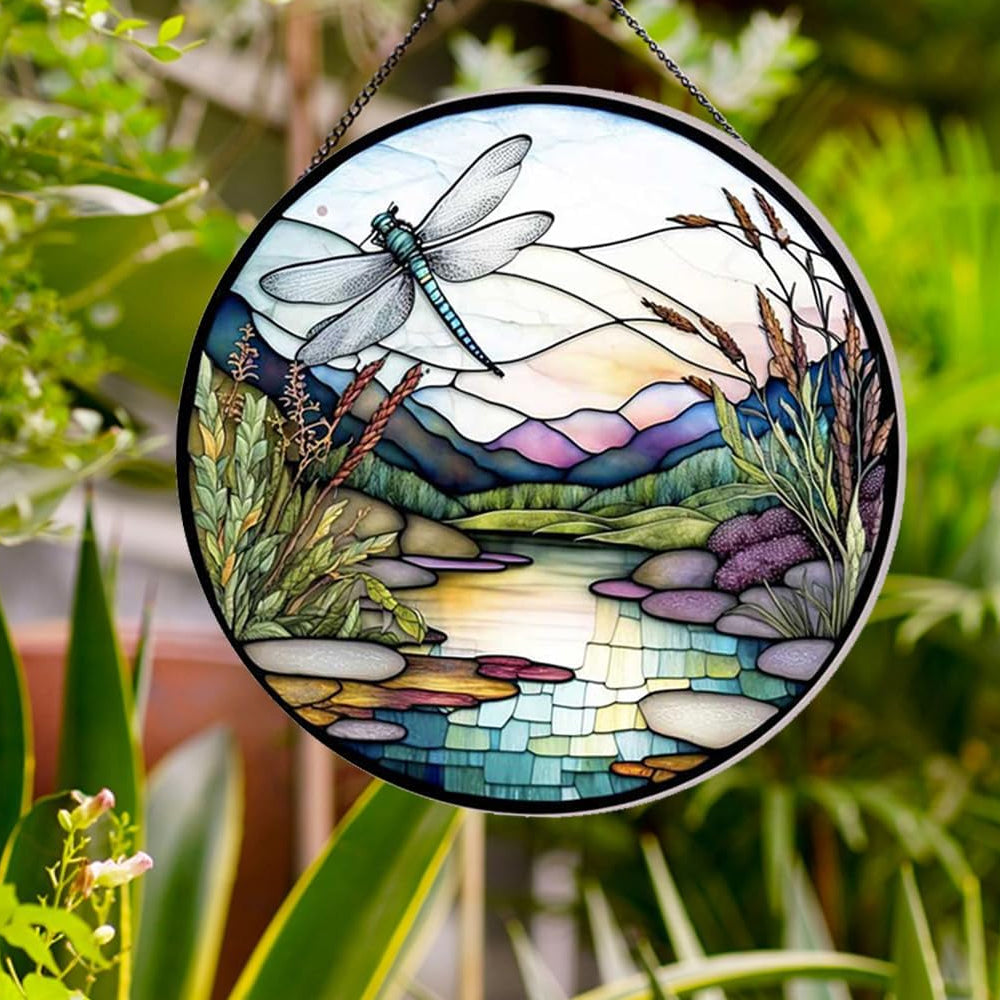 River and Dragonfly Sun Catcher Decoration Stained Glass Window Hanging