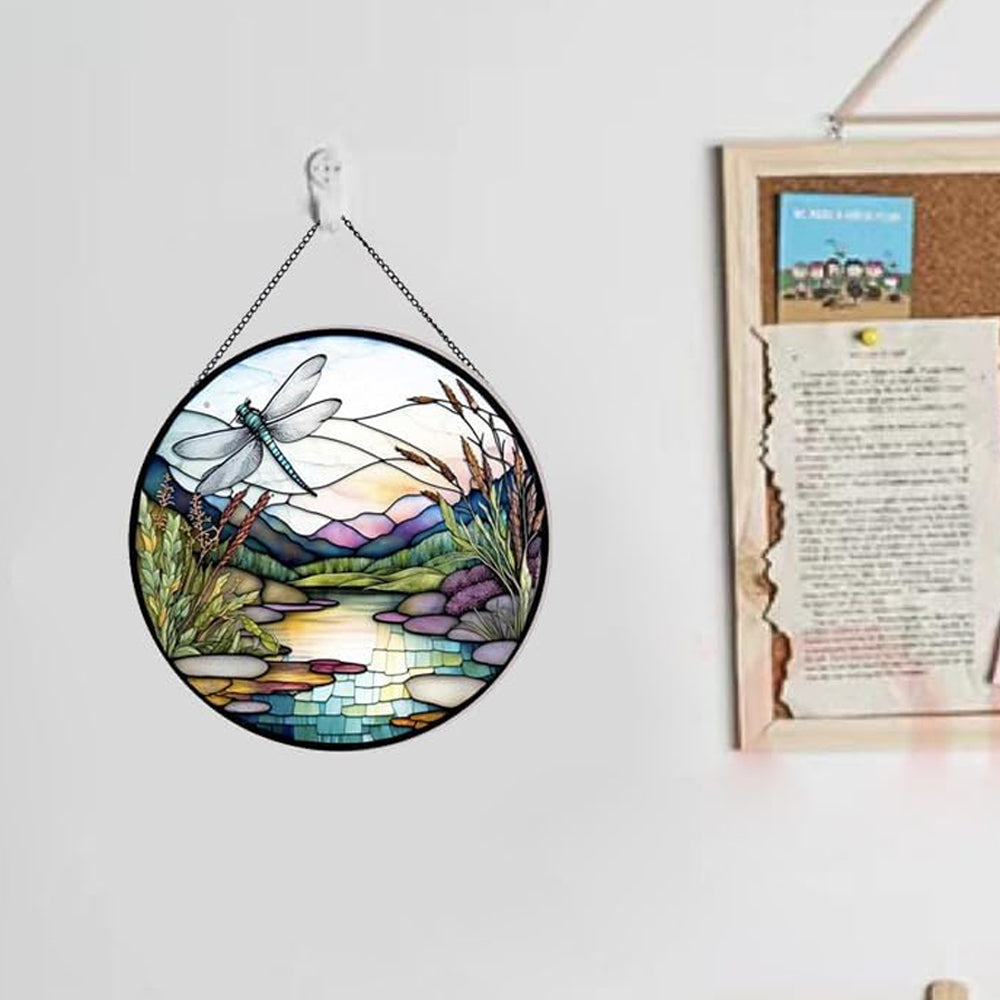 River and Dragonfly Sun Catcher Decoration Stained Glass Window Hanging