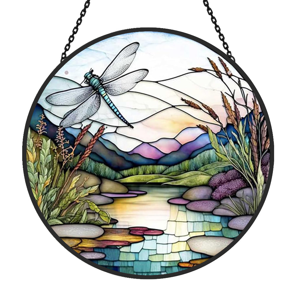 River and Dragonfly Sun Catcher Decoration Stained Glass Window Hanging