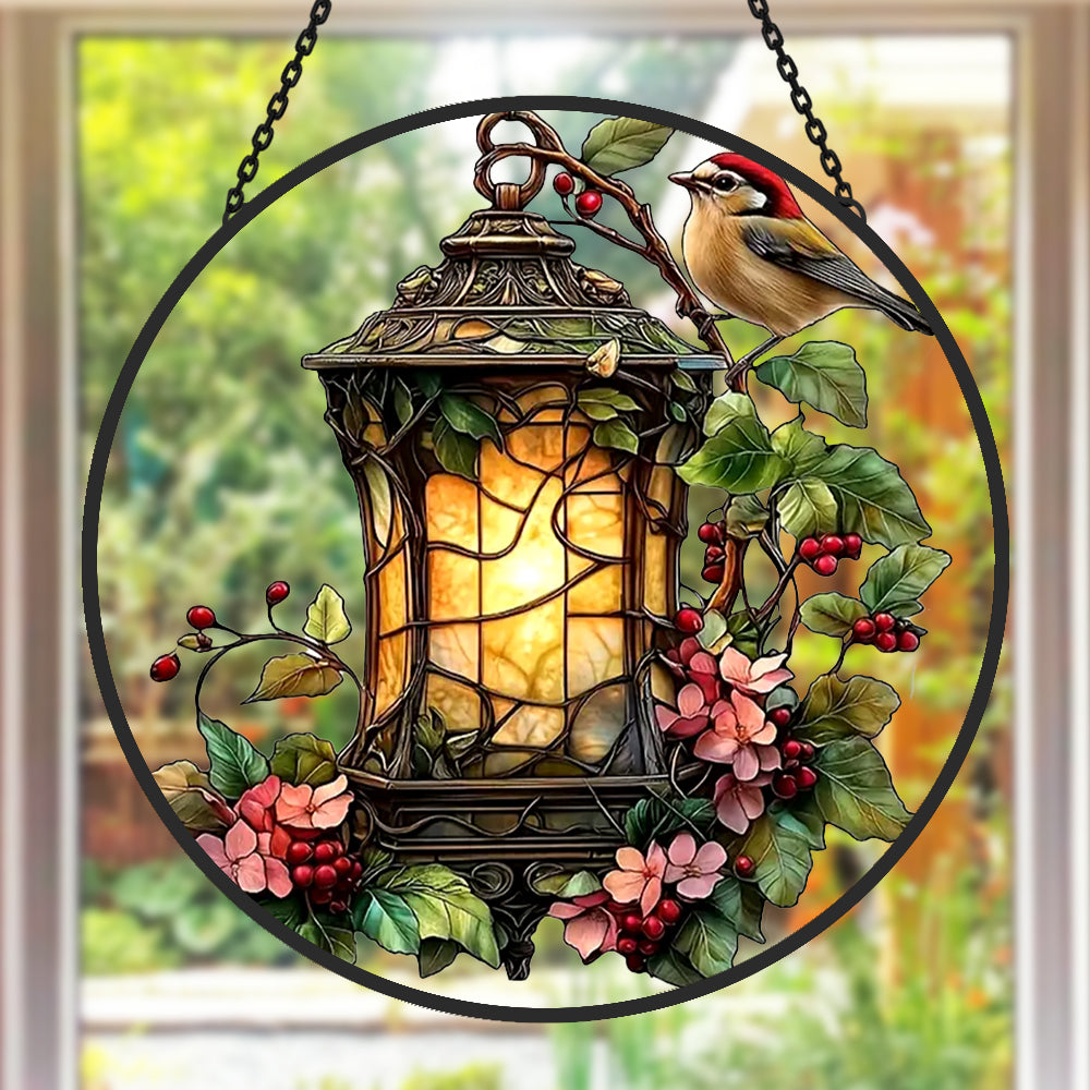 Robin Bird and Lantern Sun Catcher Decoration Stained Glass Window Hanging