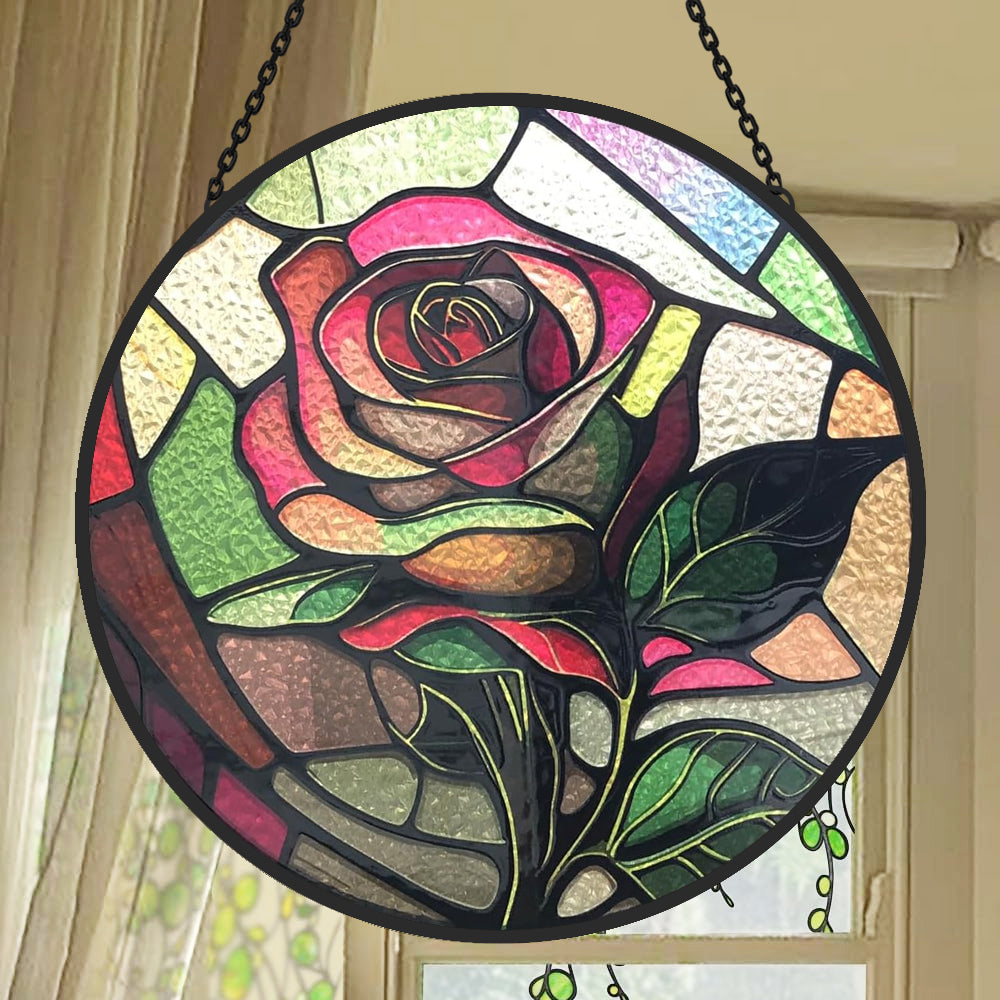 Rose Sun Catcher Decoration Stained Glass Window Hanging