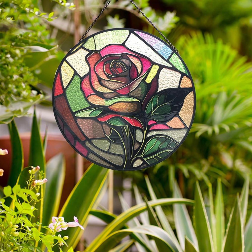 Rose Sun Catcher Decoration Stained Glass Window Hanging