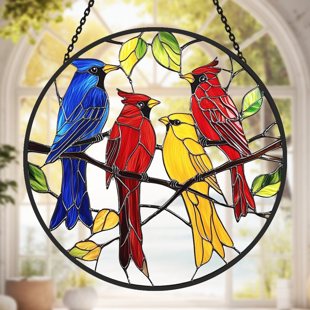 Spring Cardinals Sun Catcher Decoration Stained Glass Window Hanging