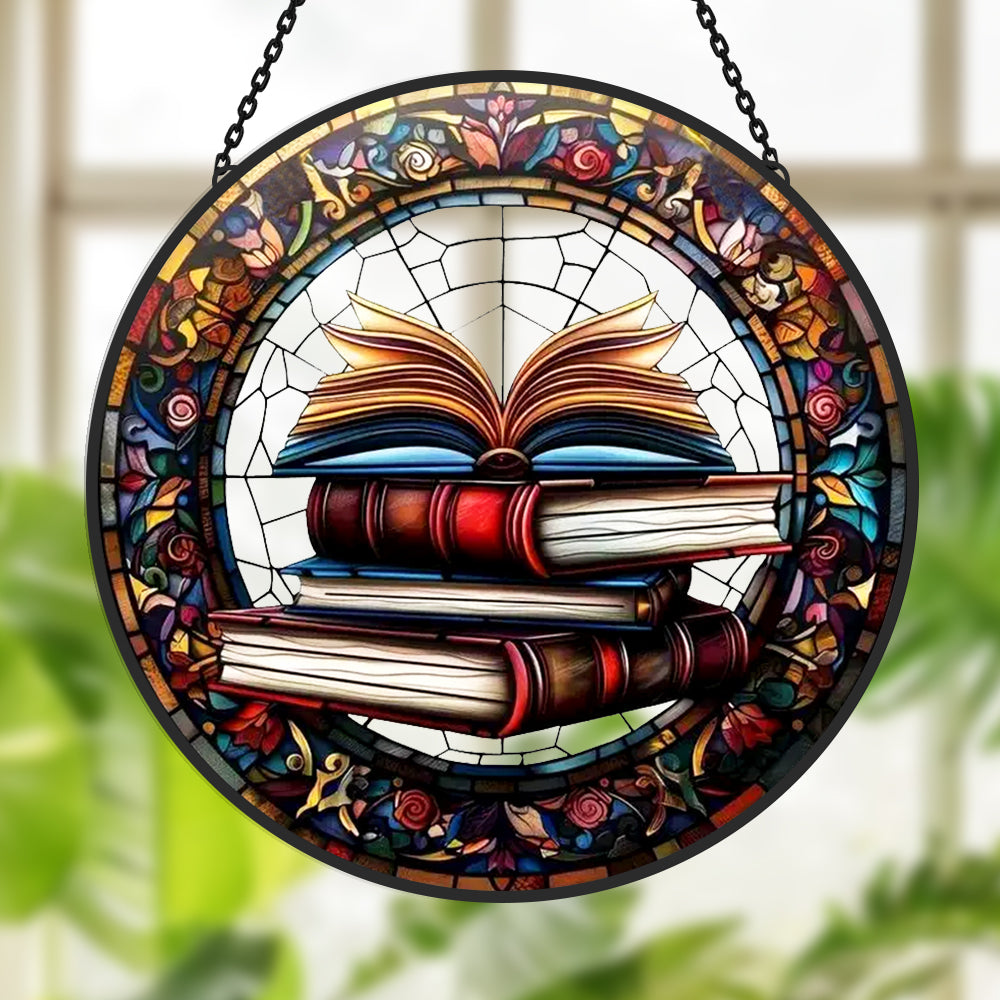Stacked Books Sun Catcher Decoration Stained Glass Window Hanging