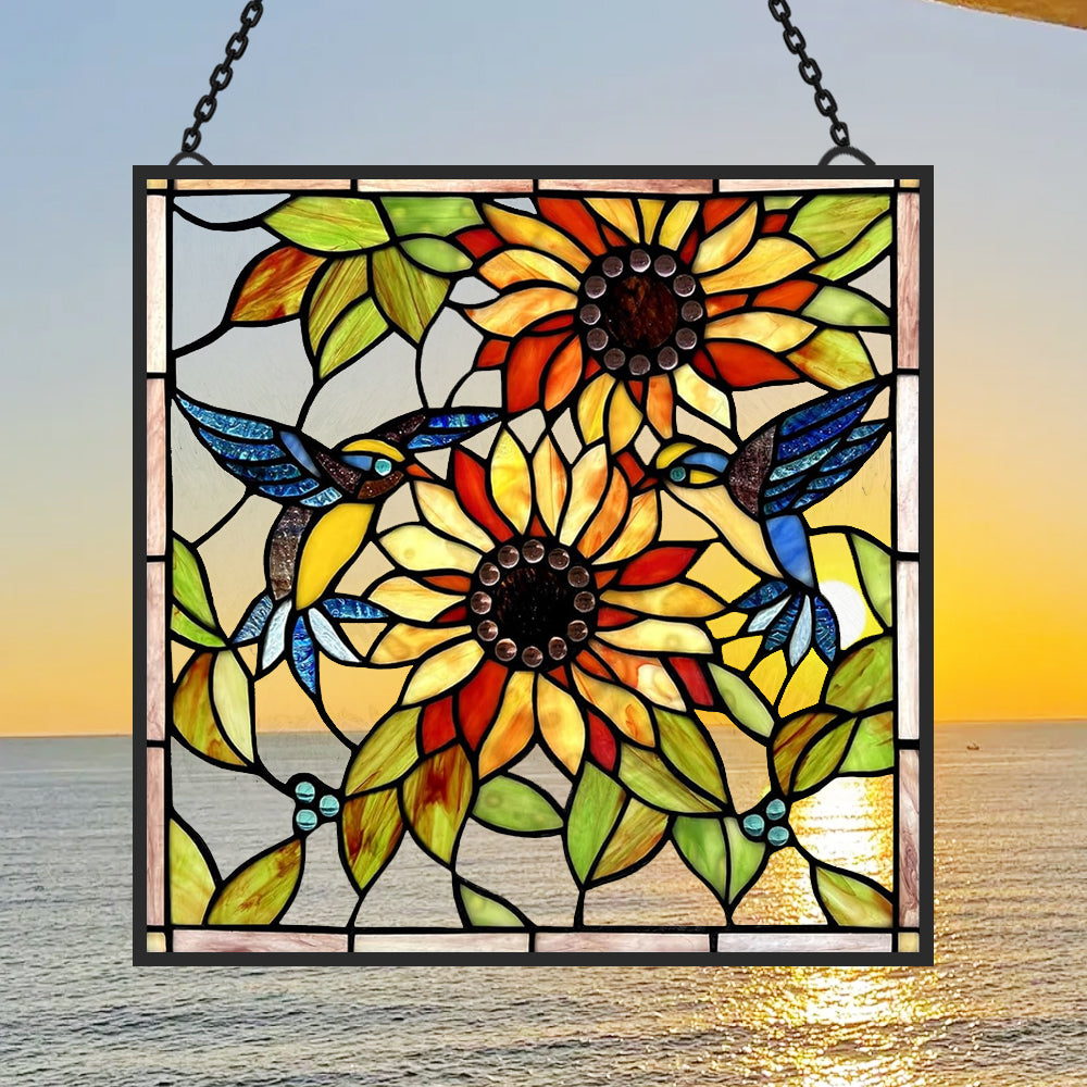 Sunflower and Birds Sun Catcher Decoration Stained Glass Window Hanging