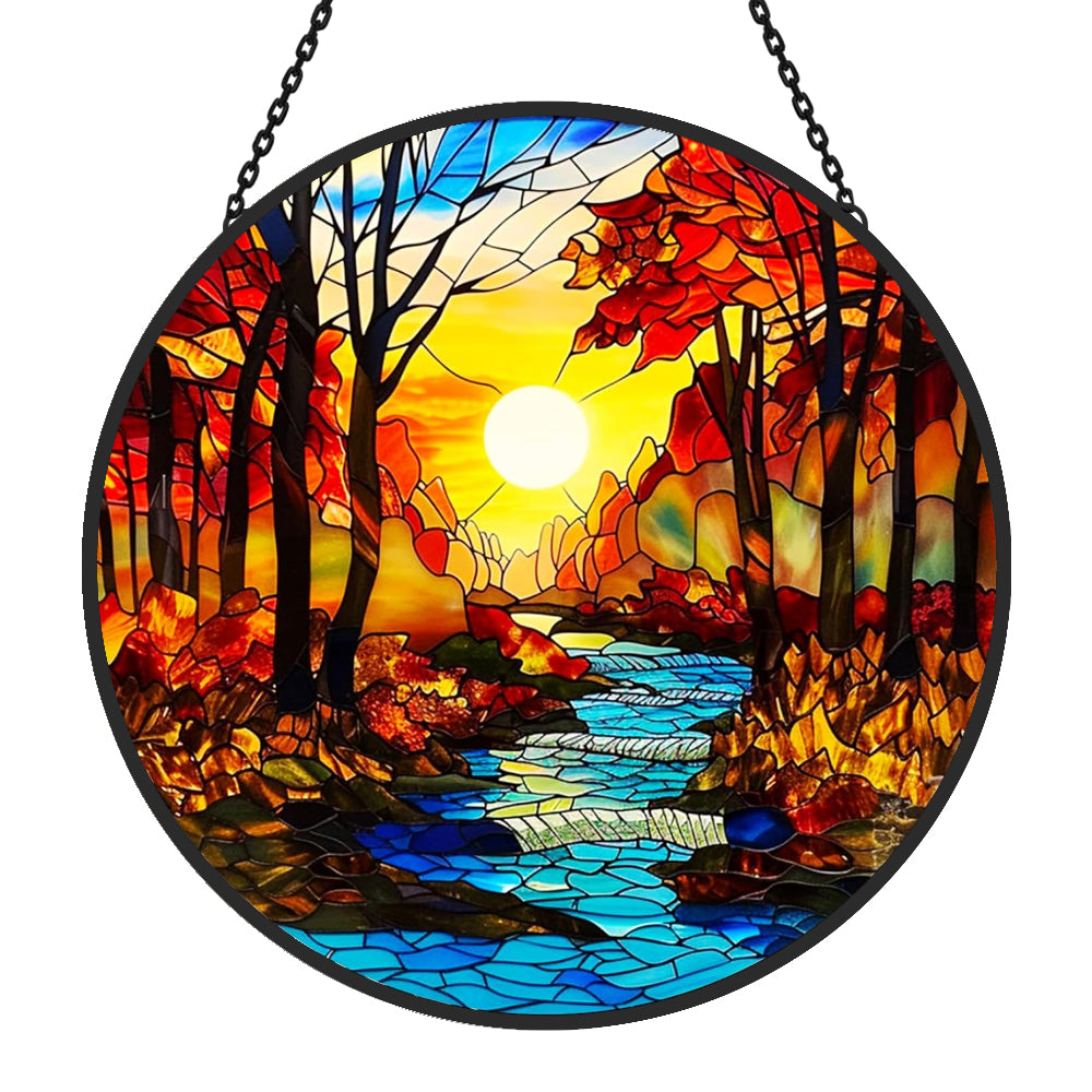 Sunrise Tree and River Sun Catcher Decoration Stained Glass Window Hanging