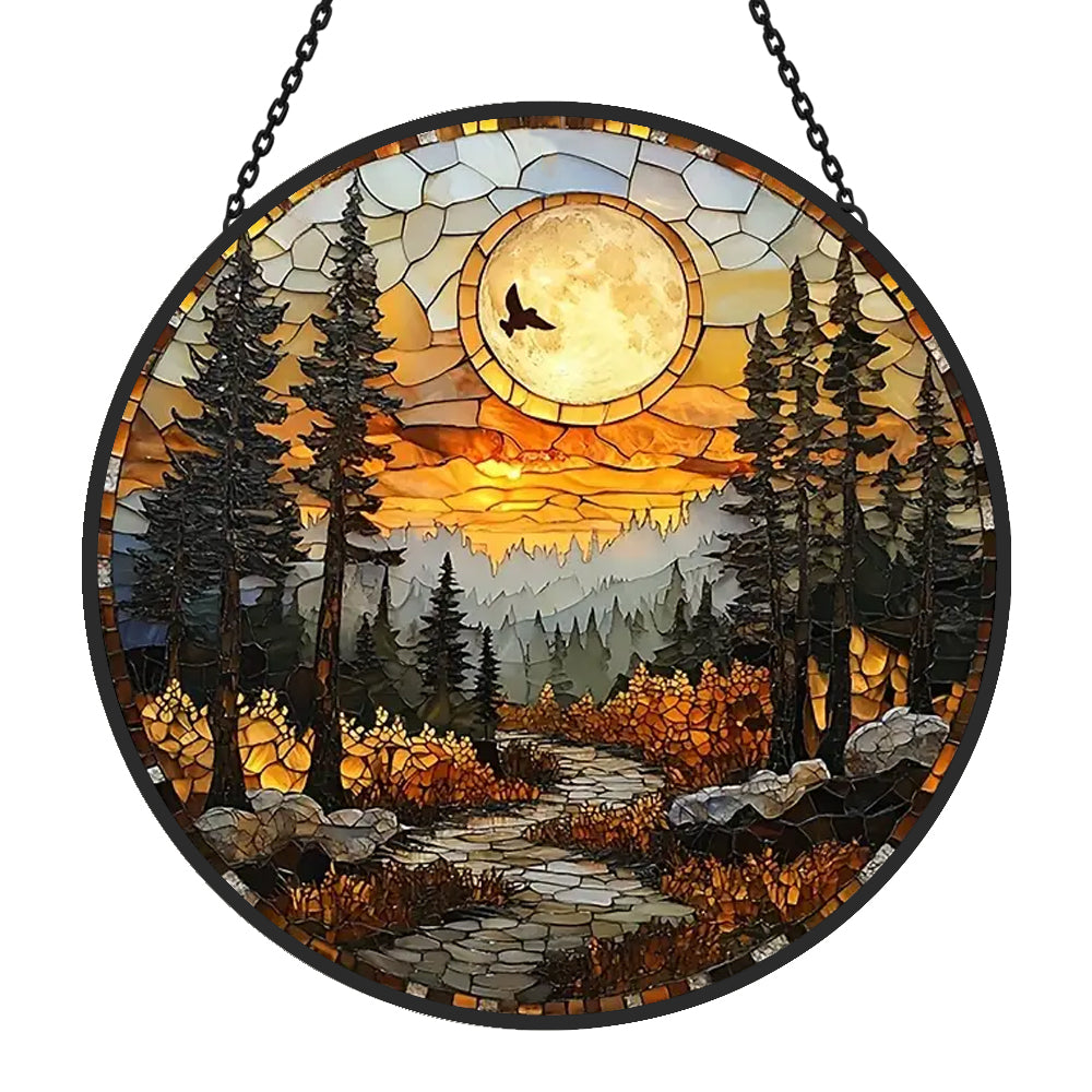 Sunset Mountain View Sun Catcher Decoration Stained Glass Window Hanging