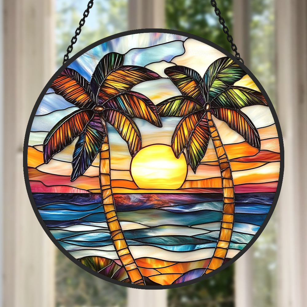 Tropical Sunset Palm Tree Sun Catcher Decoration Stained Glass Window Hanging