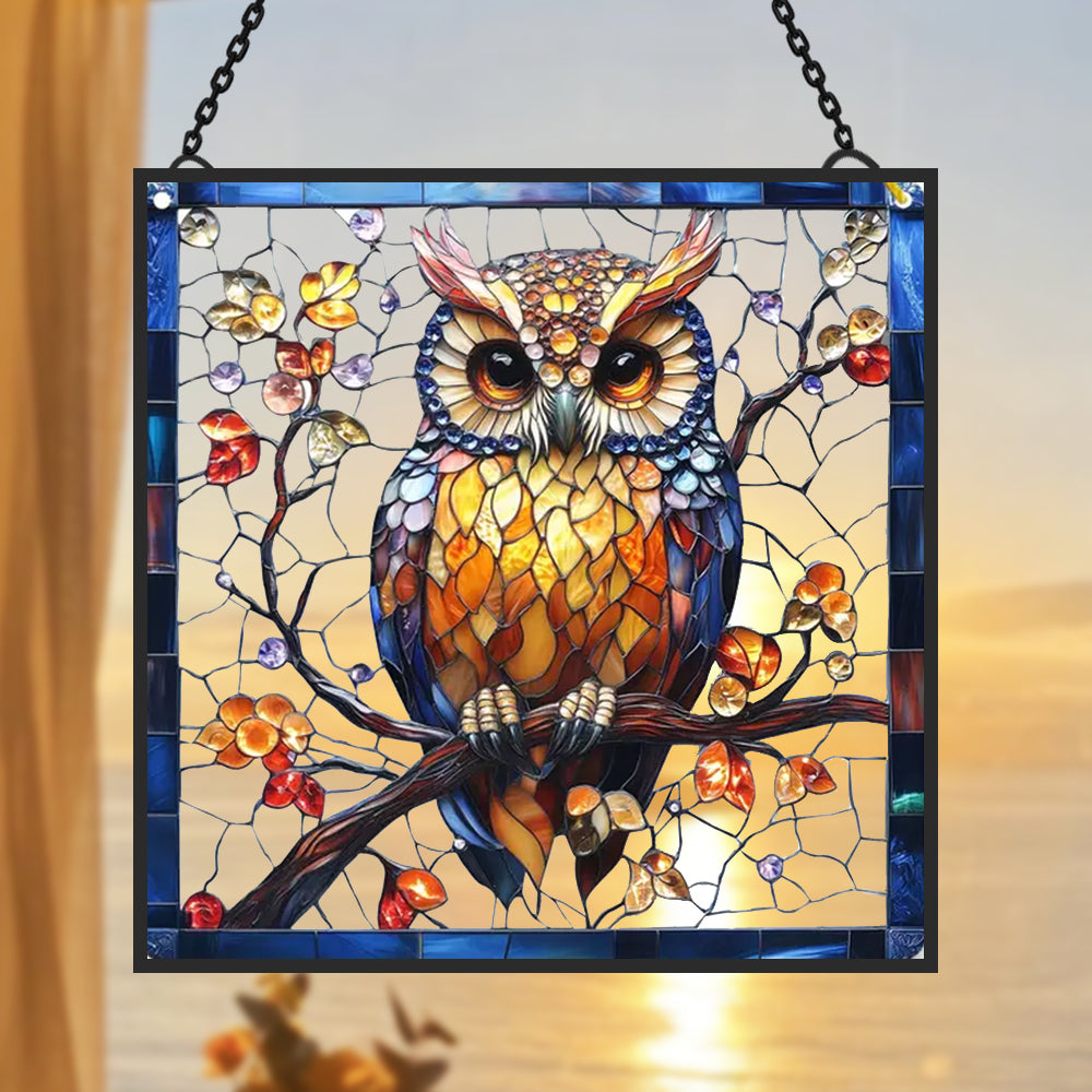 Vibrant Owl Sun Catcher Decoration Stained Glass Window Hanging