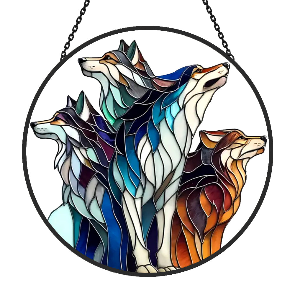 Wolf Sun Catcher Decoration Stained Glass Window Hanging