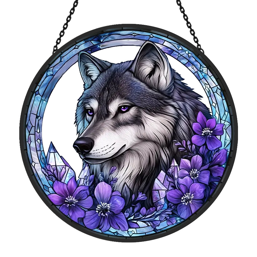 Wolf Sun Catcher Decoration Stained Glass Window Hanging