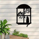 Cat and Bird On The Tree Window Metal Wall Art