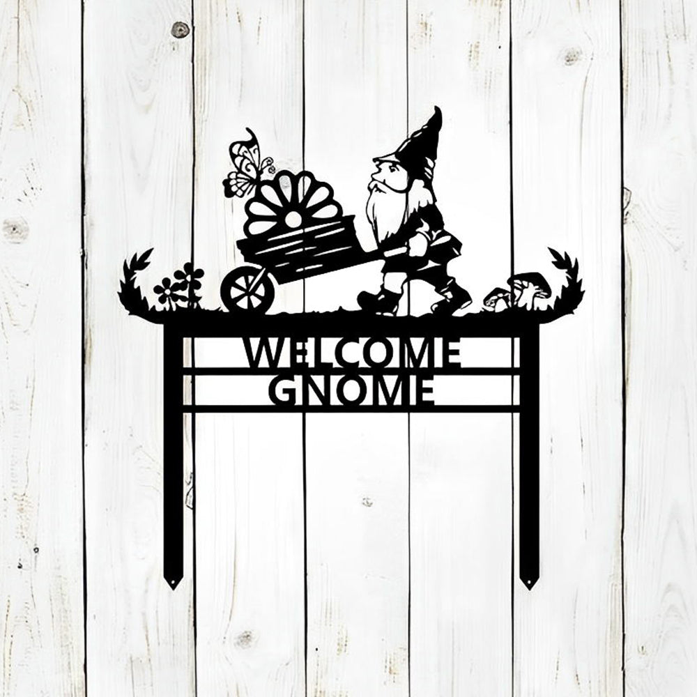 Garden Sign Gnome Wheelbarrow Outdoor Metal Markers