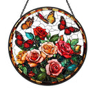 Blooming Roses and Butterflies Sun Catcher Decoration Stained Glass Window Hanging