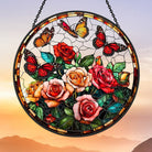 Blooming Roses and Butterflies Sun Catcher Decoration Stained Glass Window Hanging