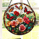Blooming Roses and Butterflies Sun Catcher Decoration Stained Glass Window Hanging