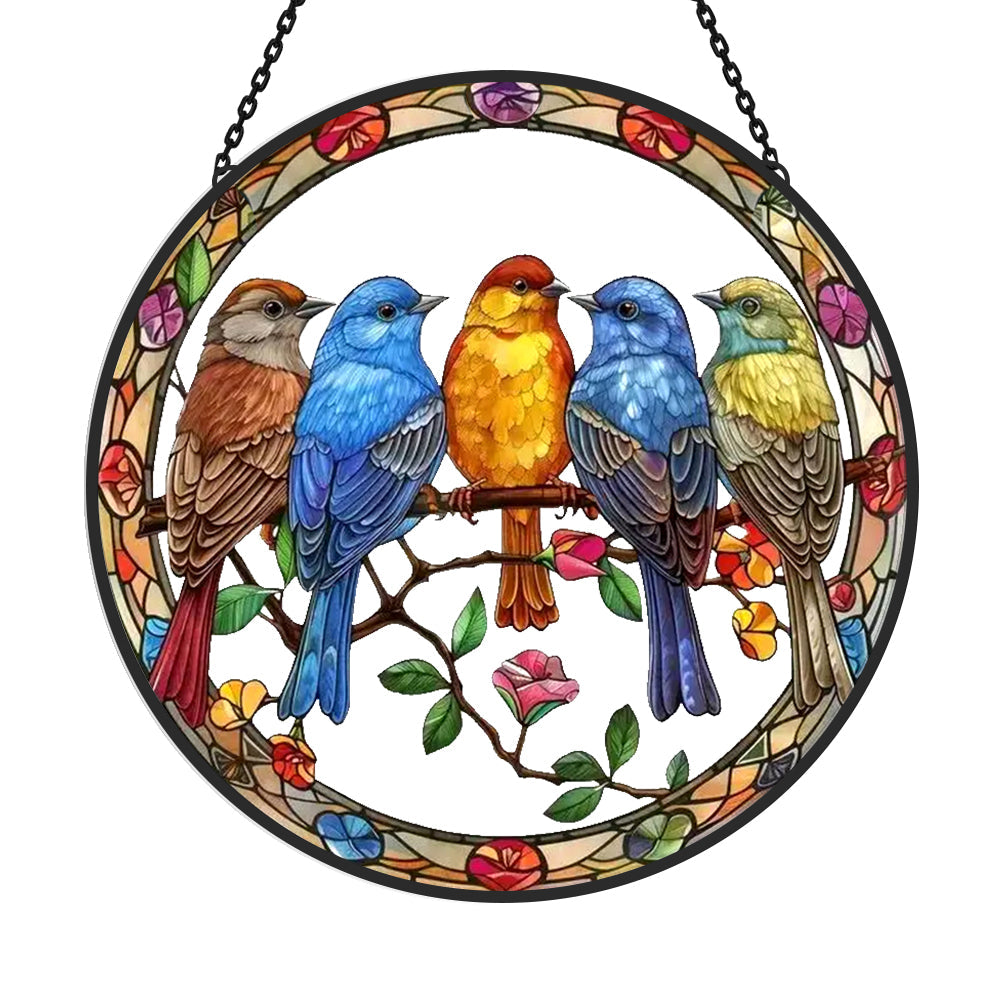 Colorful 5-Bird Sun Catcher Decoration Stained Glass Window Hanging