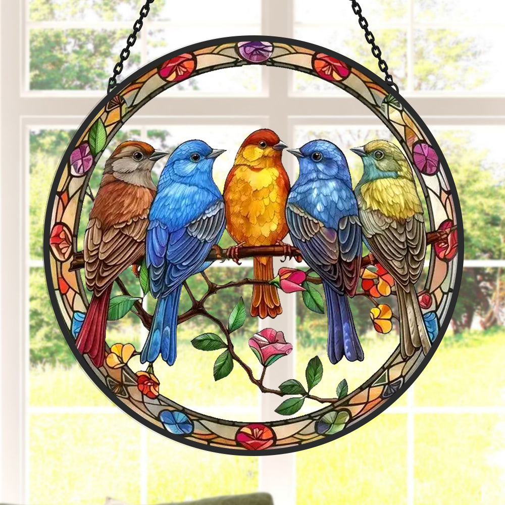 Colorful 5-Bird Sun Catcher Decoration Stained Glass Window Hanging