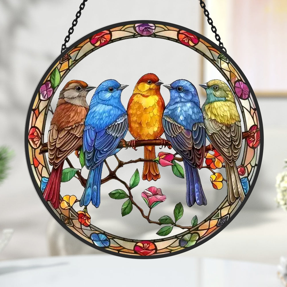 Colorful 5-Bird Sun Catcher Decoration Stained Glass Window Hanging