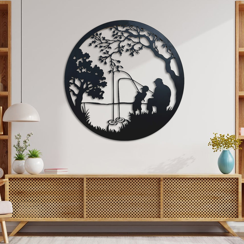 Father and Son Fishing Tree of Life Metal Wall Art Decoration