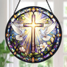White Dove Cross Sun Catcher Decoration Stained Glass Window Hanging