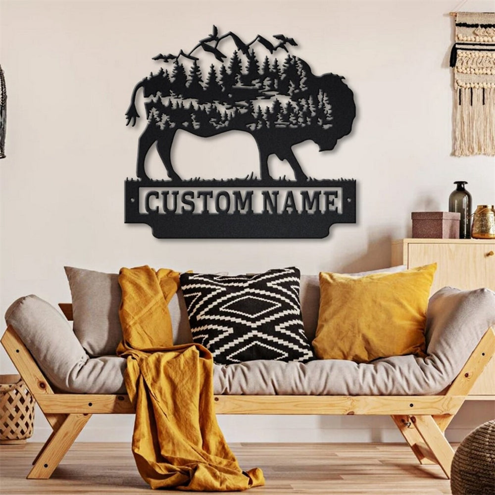 Forest Mountain Bison Metal Art Personalized Metal Name Sign
