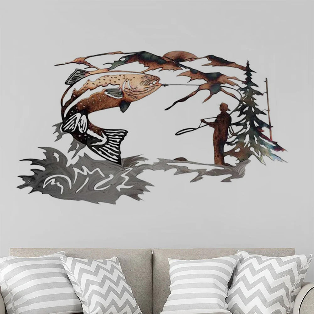 Trout and Fisherman Metal Wall Art