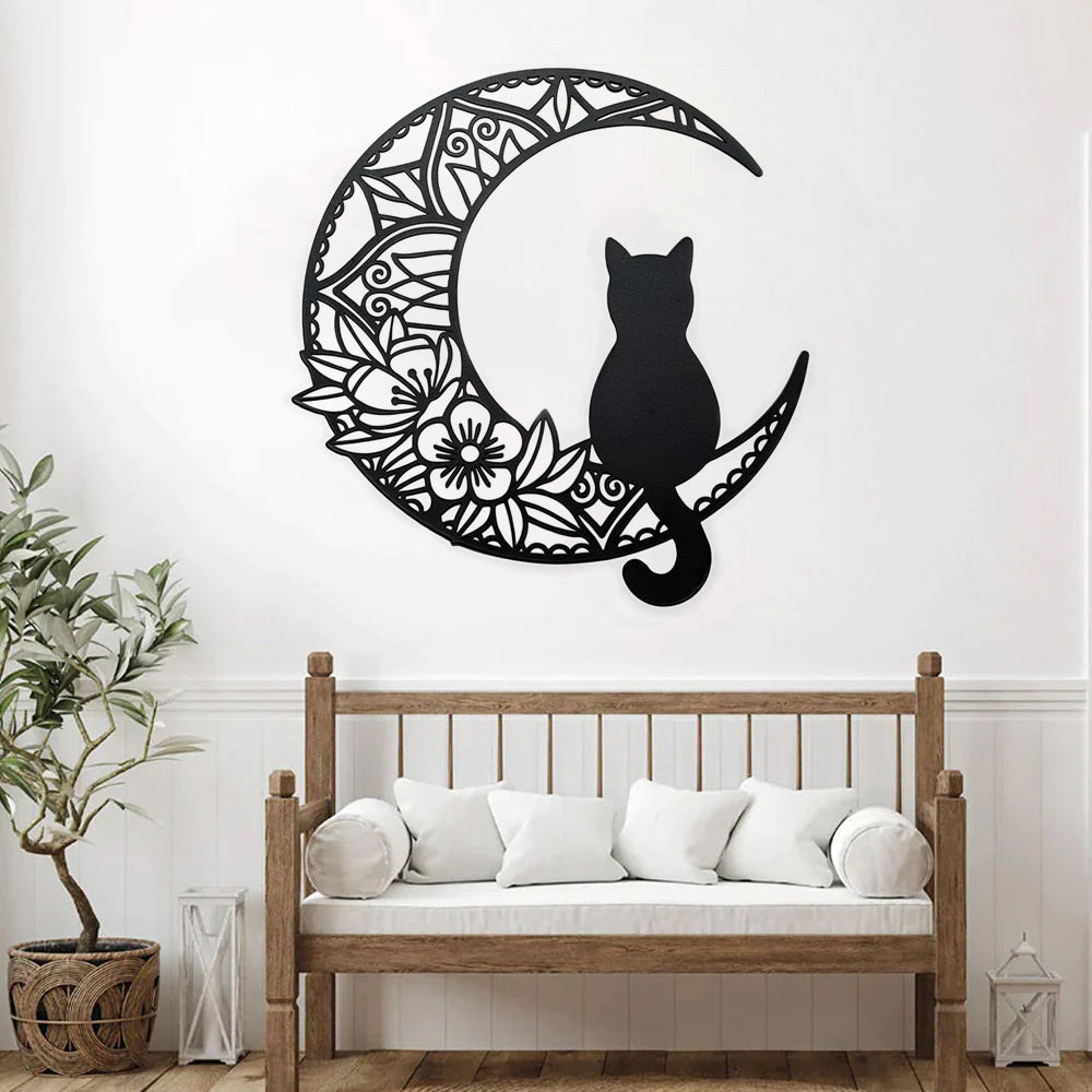 Black Cat and Moon Metal Wall Art