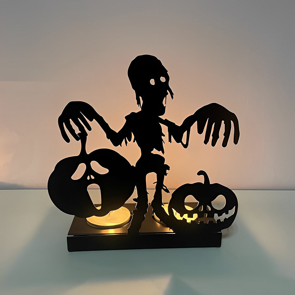 Halloween Skeleton and Two Pumpkins Candle Holder Metal Decorative