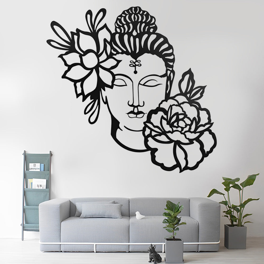 Buddha Statue and Chrysanthemum Metal Wall Art
