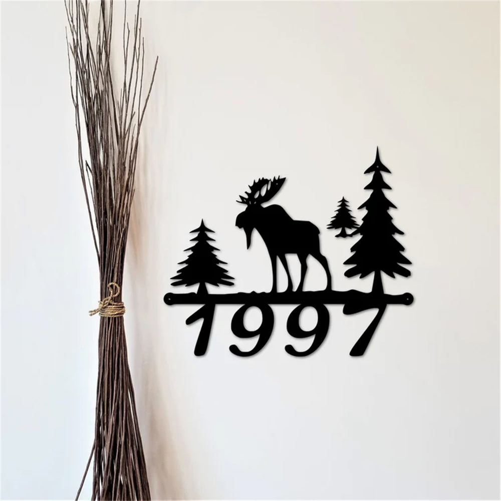 Moose And Pine Trees Outdoor Rustic Custom Address Metal Sign