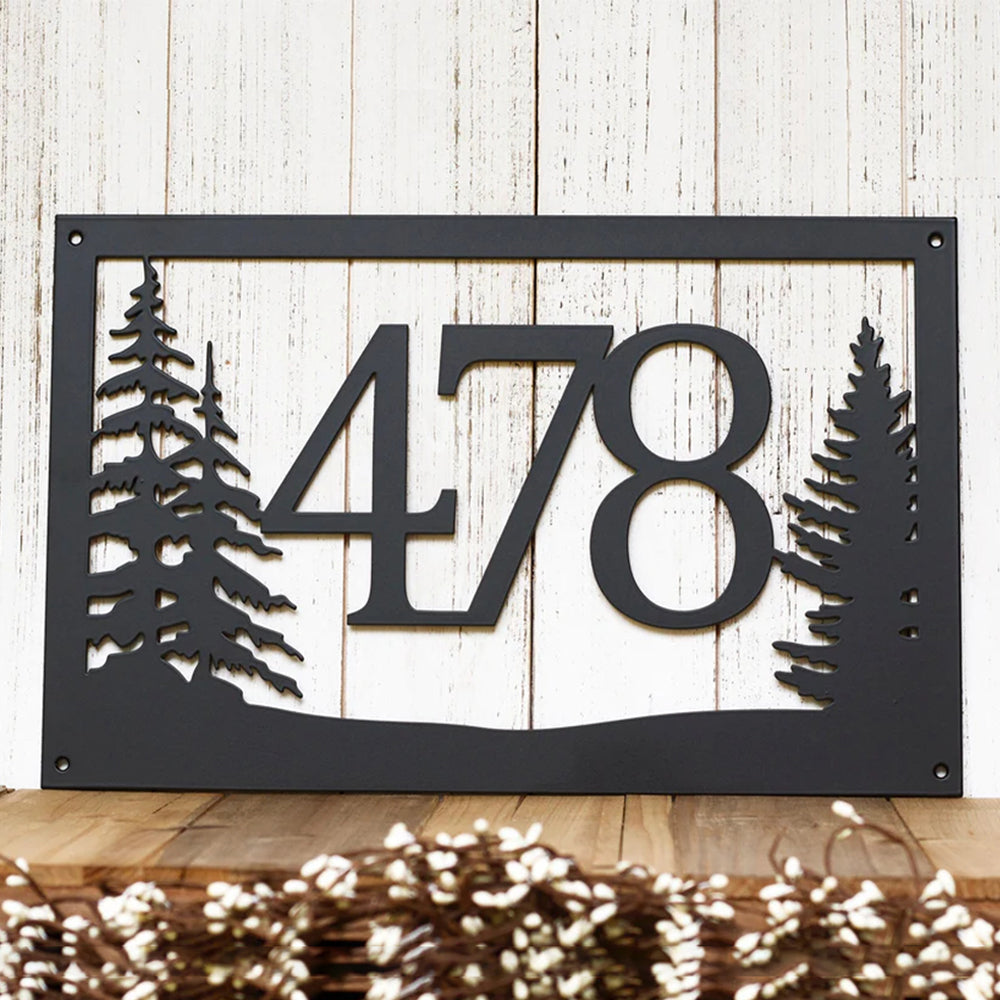 Rustic Metal House Number Sign With Pine Trees Matte Black Shown